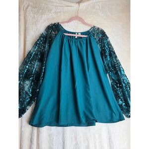 Cato Plus Sportswear Teal Sequin Sleeve Gathered Neck Blouse Top 18 20W NWT